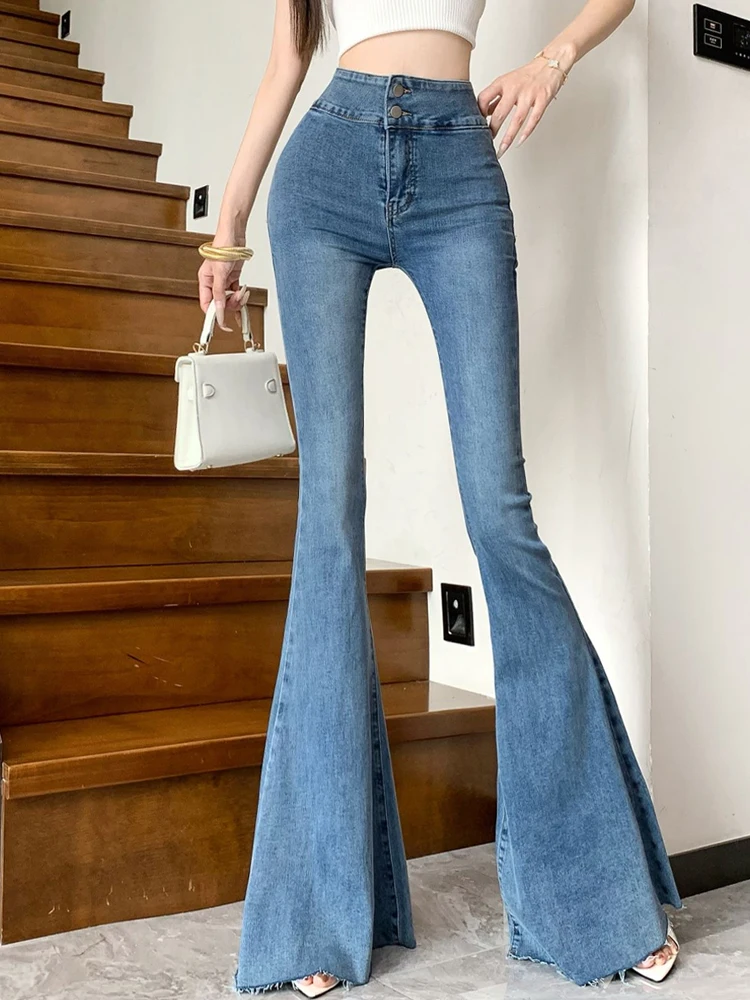 Retro flared jeans women's stretch hip lifting high waisted design sense rough edges and floor dragging pants trendy