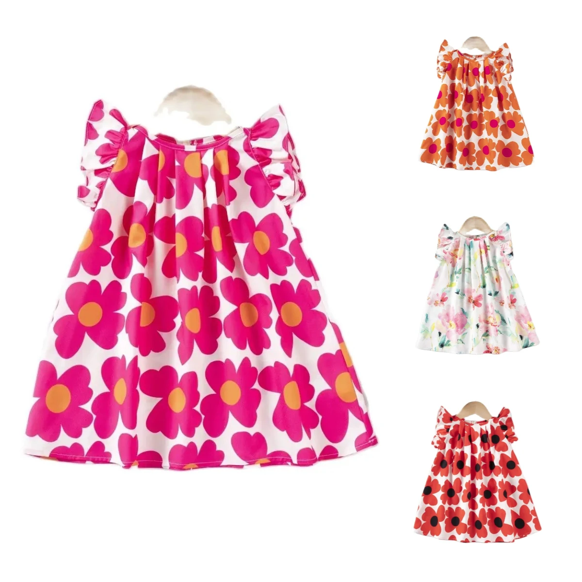 2024 Summer Sleeveless New Children\'s Countryside Style Fragmented Flowers Cute Casual Flying Sleeve Princess Dress