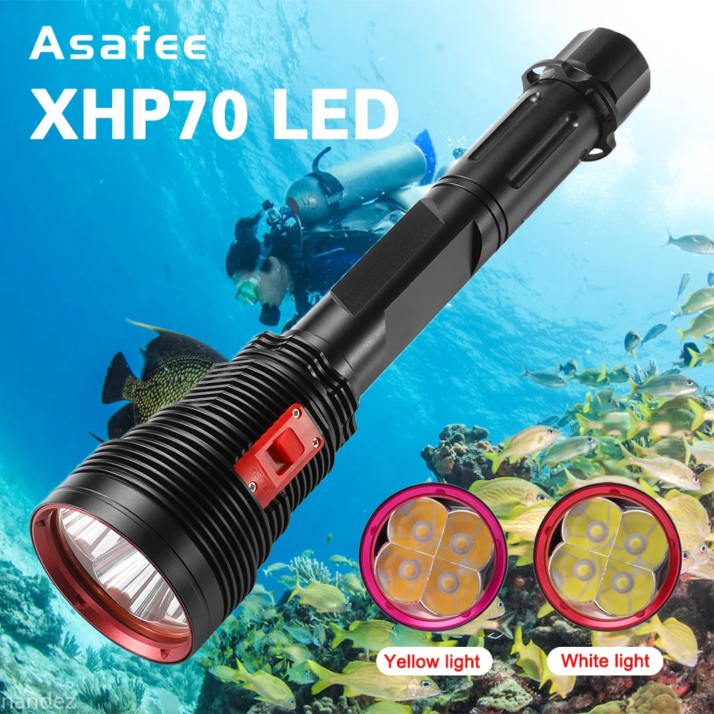 Asafee 200M Deep Diving Flashlight XPH70 LED 15000LM 200M Range IPX8 Waterproof Scuba Torch Push Switch Yellow/White Light