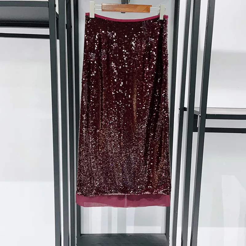 French Niche 2026 Early Spring New Arrival Luxury Sequin Embellished Straight High-Low Split Back Midi Skirt