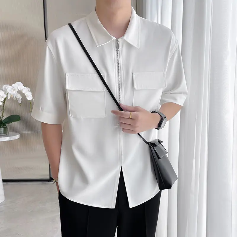 Fashion Lapel Zipper Pockets Solid Color Korean Shirts Men\'s Clothing 2024 Summer New Loose All-match Tops Casual Shirts