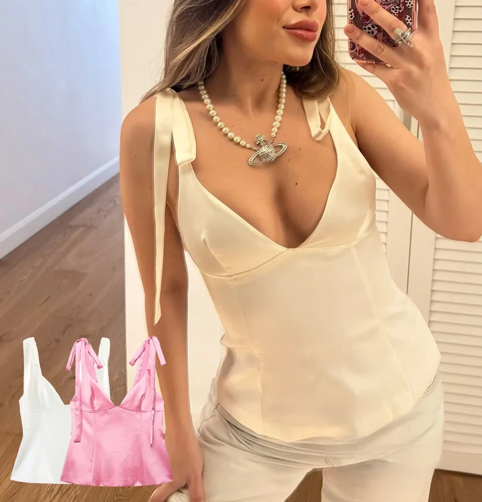 

KONDALA Women Sexy Sweet Satin Cami Bow V-Neck Backless Halter Top New 2025 Summer Fashion Holiday Beach Party Slim Mujer Tops