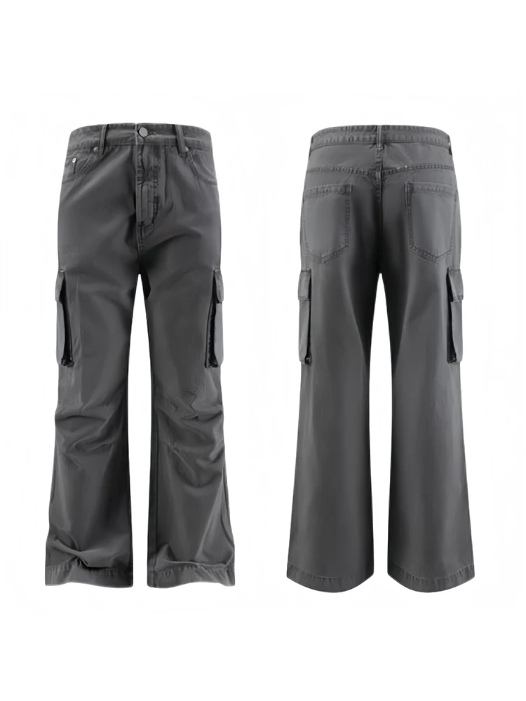 

ANYWEAR Retro ey Vintage Heavy Du Workwear Pants Loose Straight Leg Double Knee Pleat Utili Trousers Casual Cotton Jeans