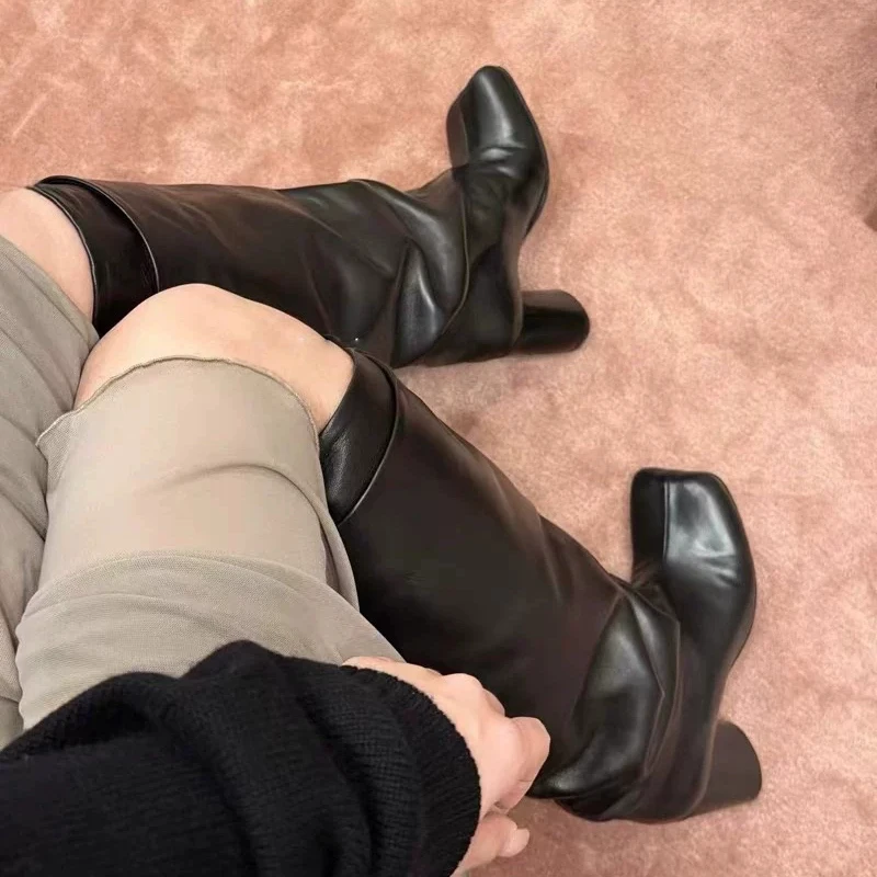 Autumn Winter Elegant Punk Style Design Pleated Splicing Women Knee High Boots Square Toe Round Heels Long Botas Largas Mujer