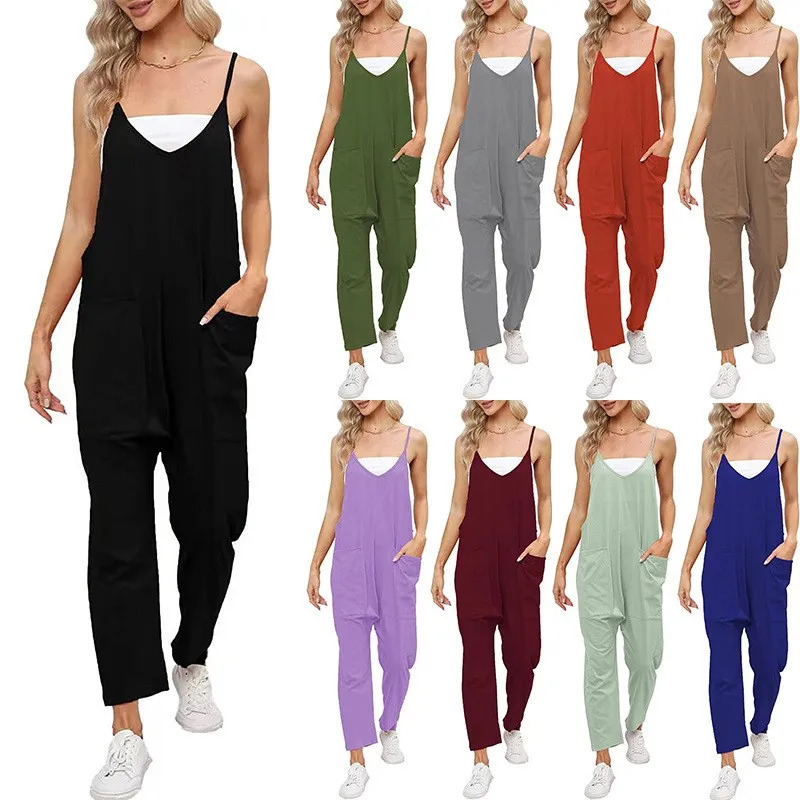 New Women's Solid Color Pocket Jumpsuit Tank Top European American Style Fashionable suspenders jumpsuit