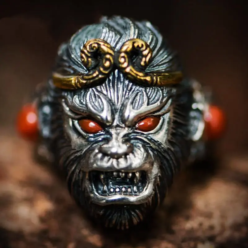 1pcs Retro Chinese Super Cool Monkey King Wukong Head Adjustable Unisex Ring Handmade Lovers Friend Gift Craft Home Decoration