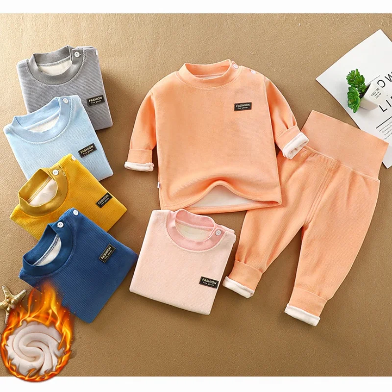 

Baby Double Fleece Thickened Thermal Underwear Set 0-4Y Kid Boy Girl High Waist Warm Homewear Top and Pants Autumn Winter Outfit