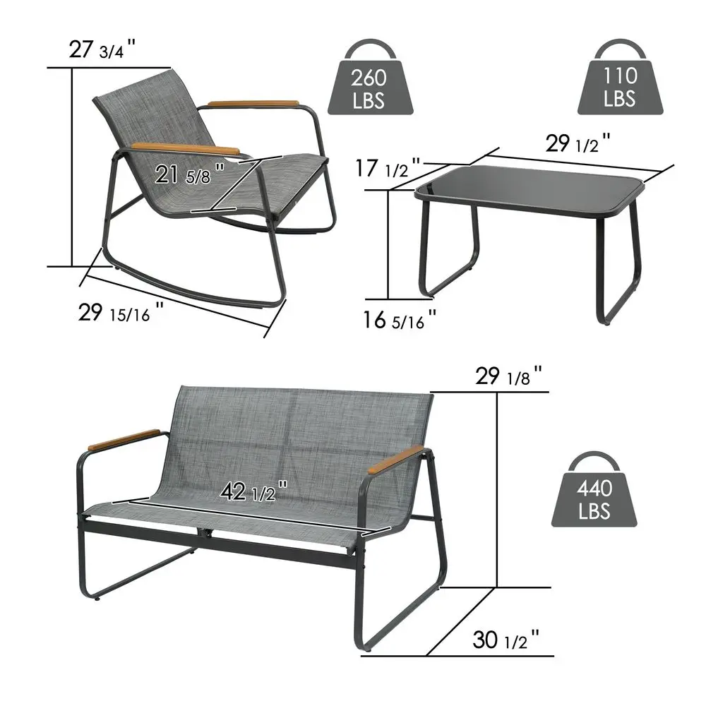

4Piece Outdoor Patio Furniture Set with Textilene Chairs, Metal Conversation Set, Tempered Glass Coffee Table, PowderCoated Ste