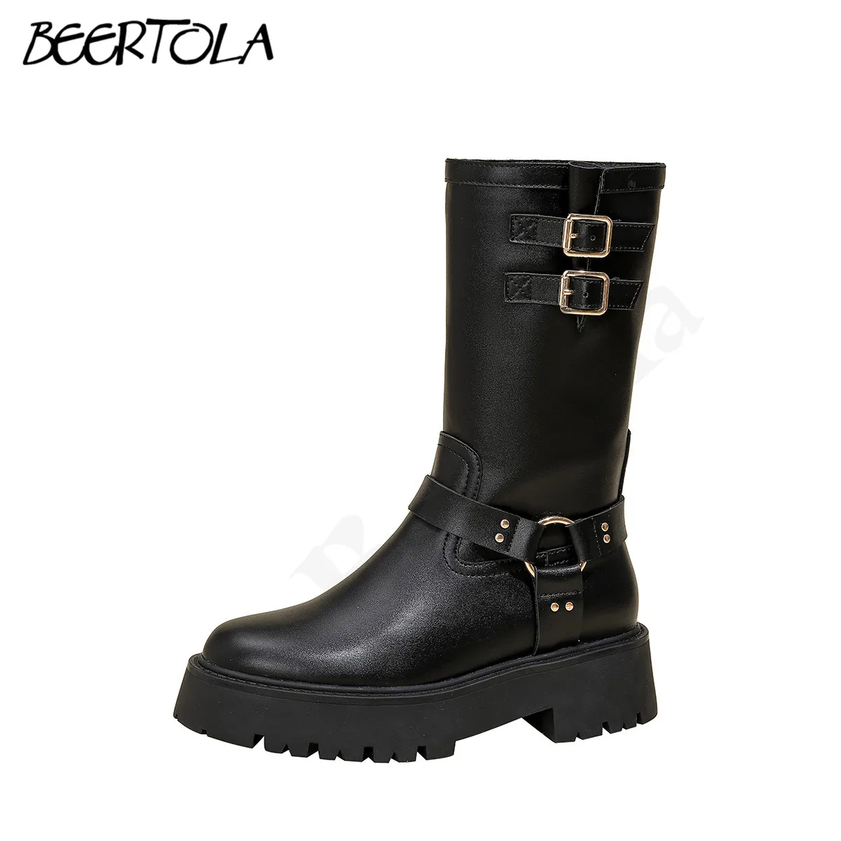 Women's Belt Buckle Thick-Soled Boots Retro Rivet Buckle Western Short Boots Personality Fashion Casual Women's Mid-Calf Boots