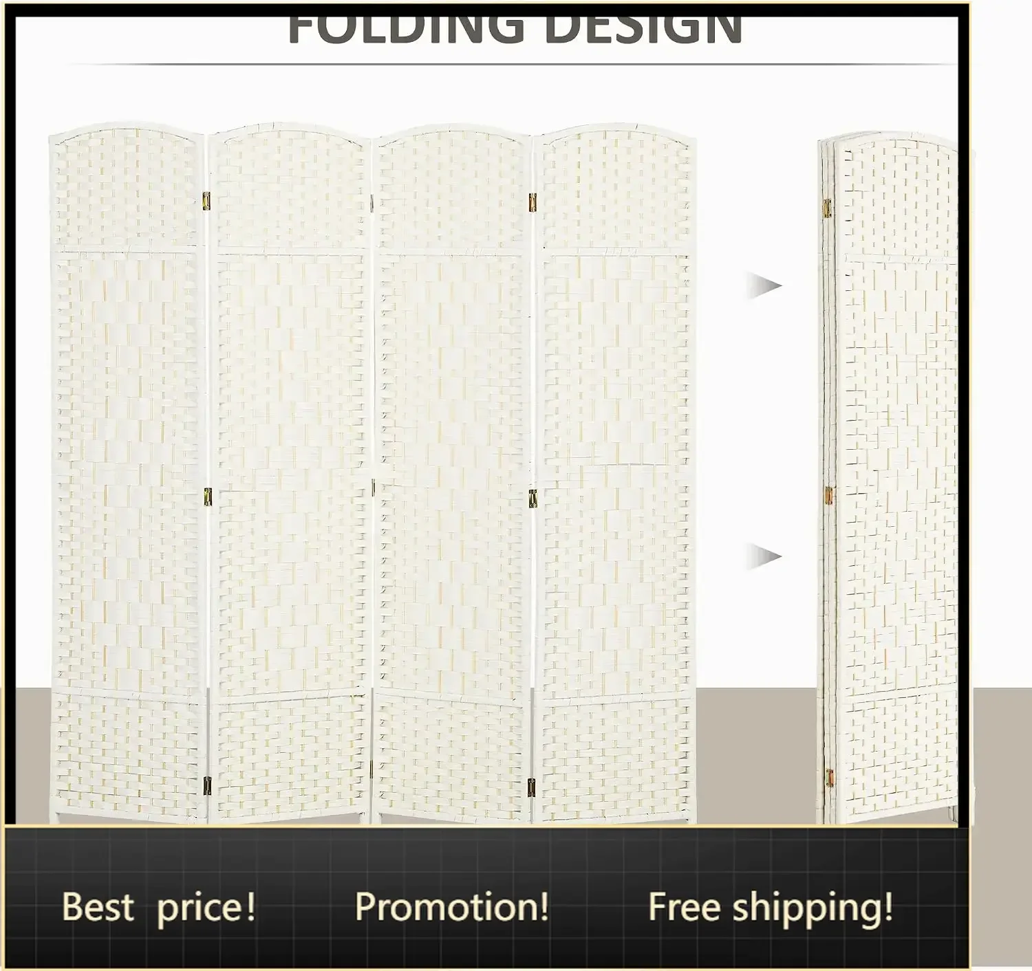 4 Panel Room Divider 6 Ft Privacy Screen Hand-Woven White | Folding PP Wall Partition, Pine Wood Frame, Freestanding Room