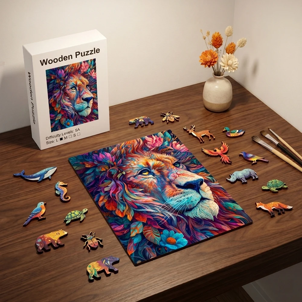 Colorful Floral Lion Wooden Jigsaw Puzzle, Unique Irregular Animal Shaped Pieces, 5A Advanced Difficulty, for Adults Family Game, Stress Relief Toy, Wall Art Decor, Birthday Holiday Gift
