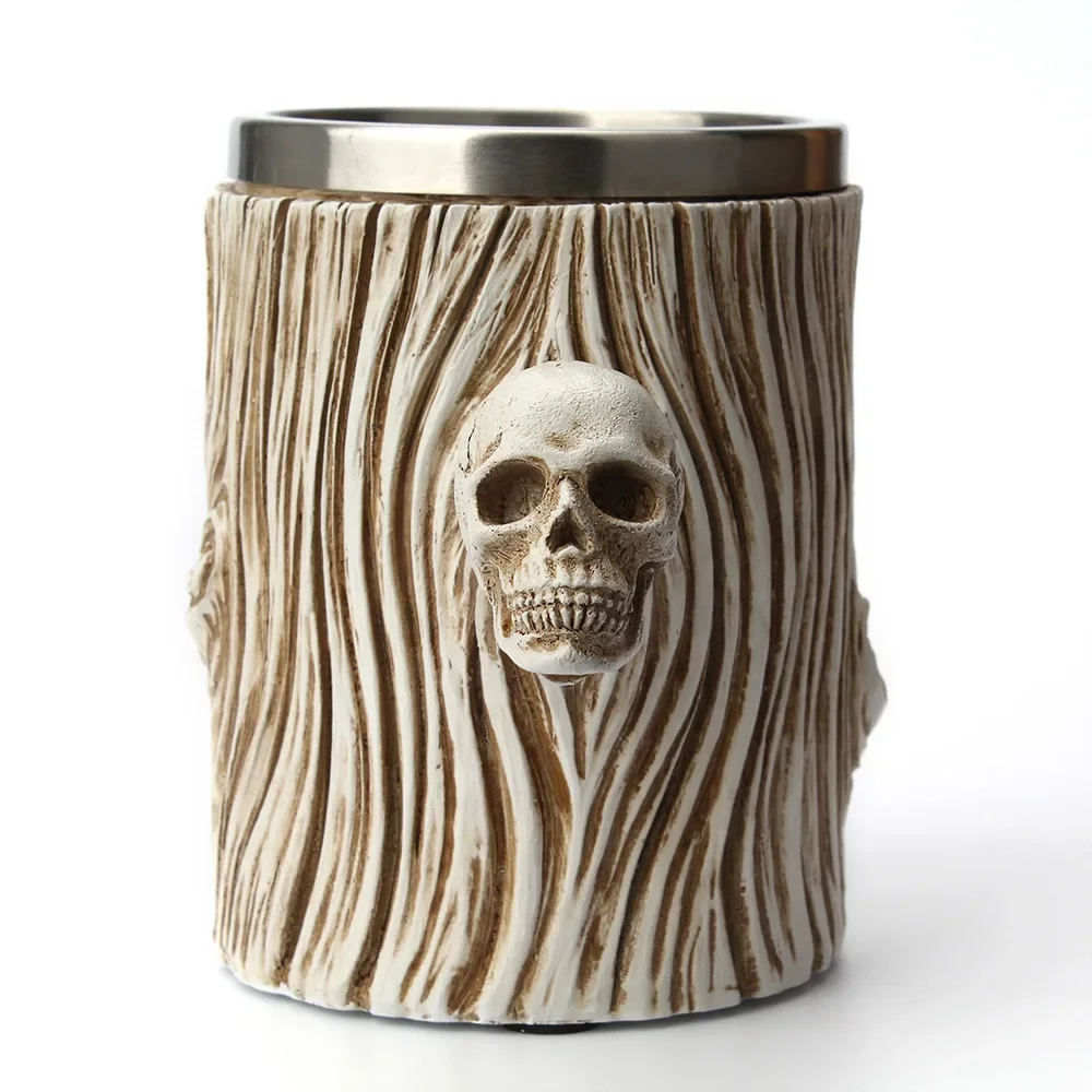 Skull Head Rustic Wood Resin Mug - Vintage Double-Walled Beer Stein with Detachable and Washable Inner Liner