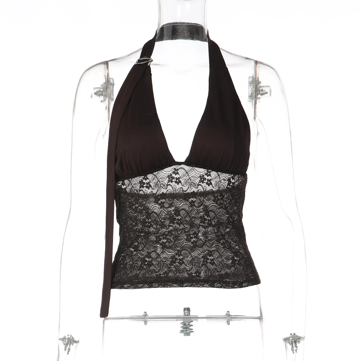 Summer new perspective lace strapless sexy splicing deep V-neck top