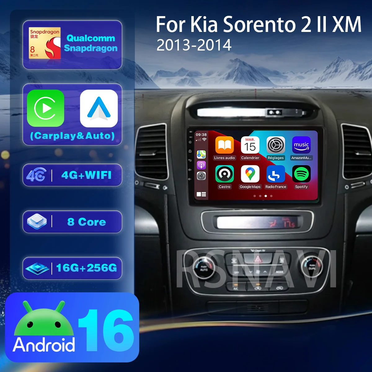 Android 16 Carplay Auto Car Radio Plug and Play For Kia Sorento 2 II XM 2012 - 2021 Multimedia Player Qualcomm Screen BT video