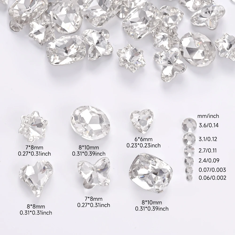 1 caja de diamantes de imitación 3D transparentes para decoración de uñas, 12 formas ovaladas mixtas, mariposa, corazón, flor, dijes redondos de diamantes para uñas, decoración artística de uñas DIY