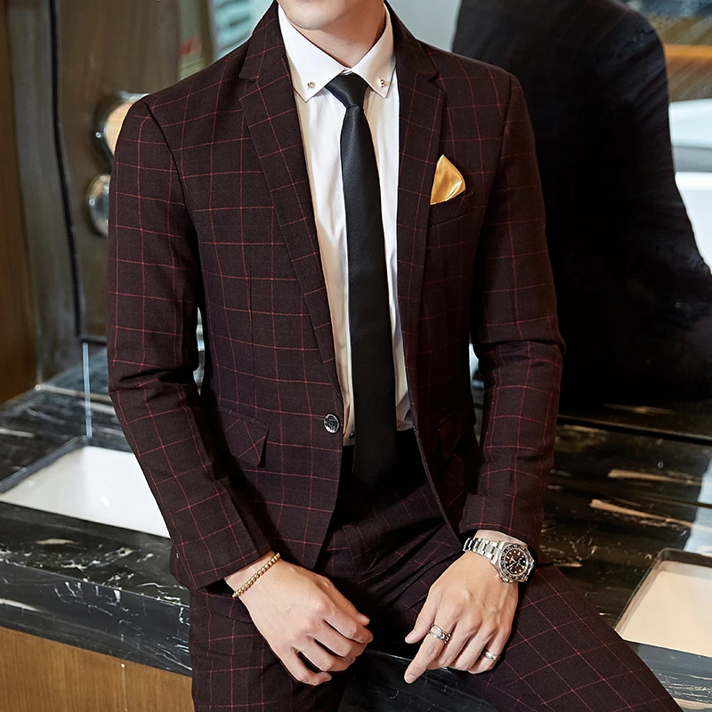 

2026 Men's Casual One-button No-ironing Plaid Suit (suit + Trousers) Stylish Business Handsome Best Man Suit Two-piece Set