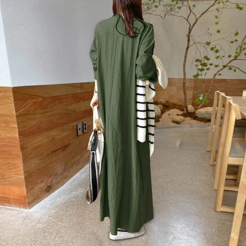 2024 V Neck Maxi Dress New Fsahion Elegant Solid Color Cotton Long Sleeve Fall Spring Temperament Loose Plus Size Female Dress