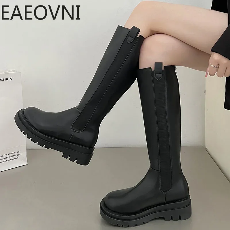 Punk Style Women Knee High Boots Fashion Slip On Thick Heel Shoes Autumn Winter Warm Fur Ladies Knight Long Booties