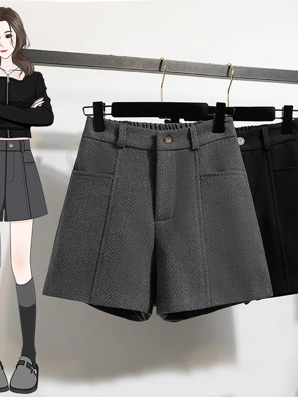 High Waist Pure Color Woolen A-Line Wide Leg Pants Casual Bootcut Trousers for plus Size Women Autumn Winter Slimming Style