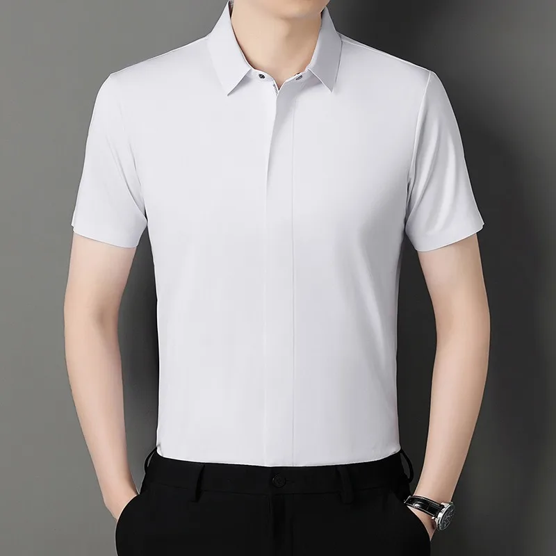 Quality Zipper Dress Shirts for Men Short Sleeve Business Non-iron Wrinkle Resistance Elastic Top New Western-style Formal Shirt