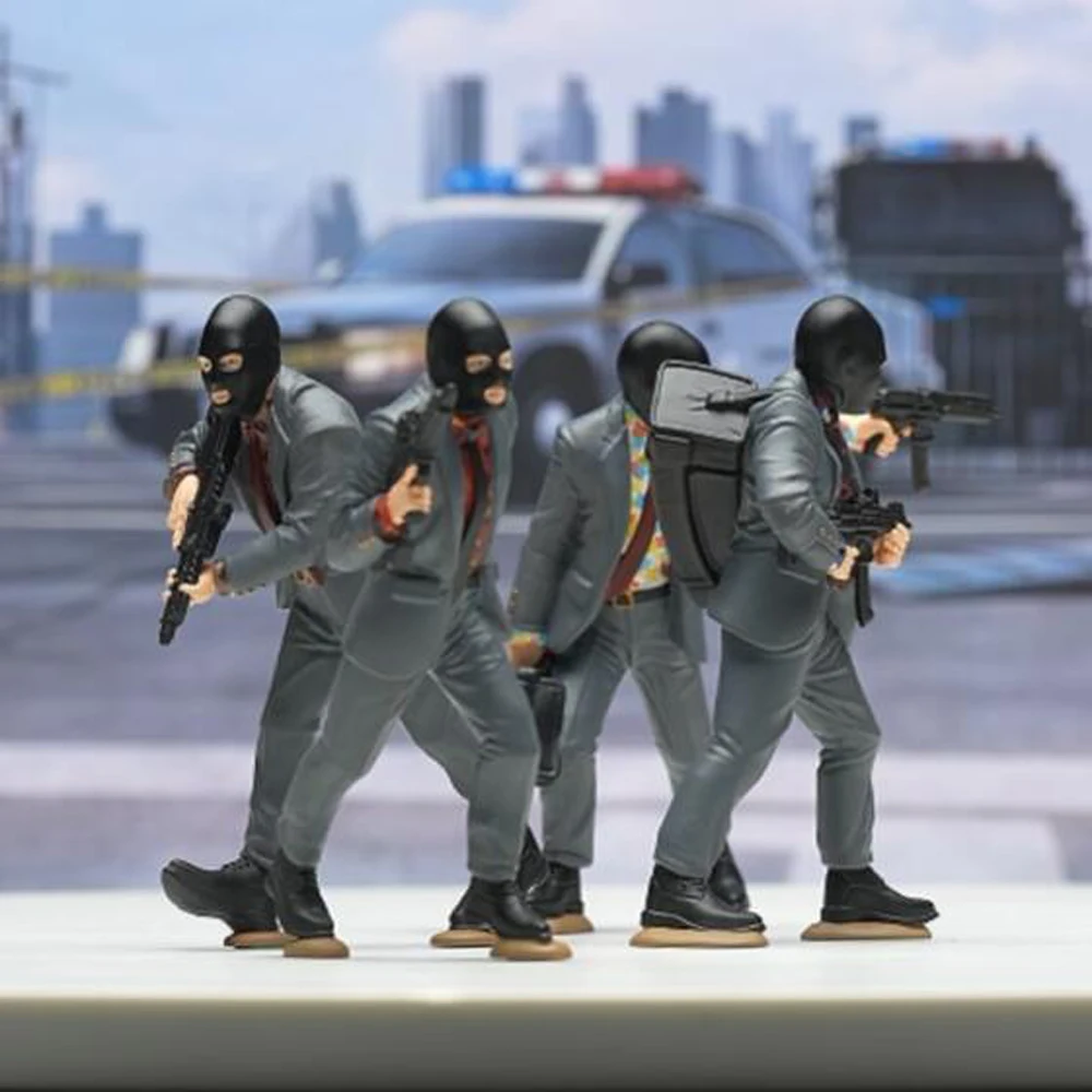 

Painted Miniature 1/87 1/64 1/43 1/24 1/18 Masked Armed Robber With Backpack Hold Guns Men Mini Doll Figure 3D Street Scene Prop