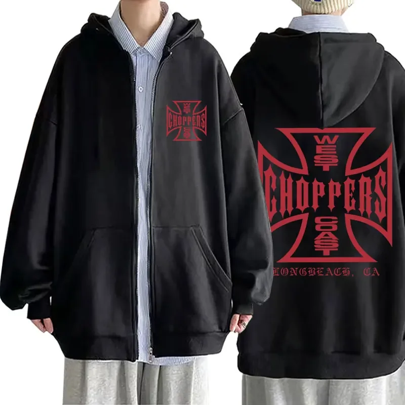 West Coast Choppers Cross Graphic Zipper felpa con cappuccio maschile Vintage Streetwear felpe con cappuccio in pile da uomo Hip Hop giacca oversize