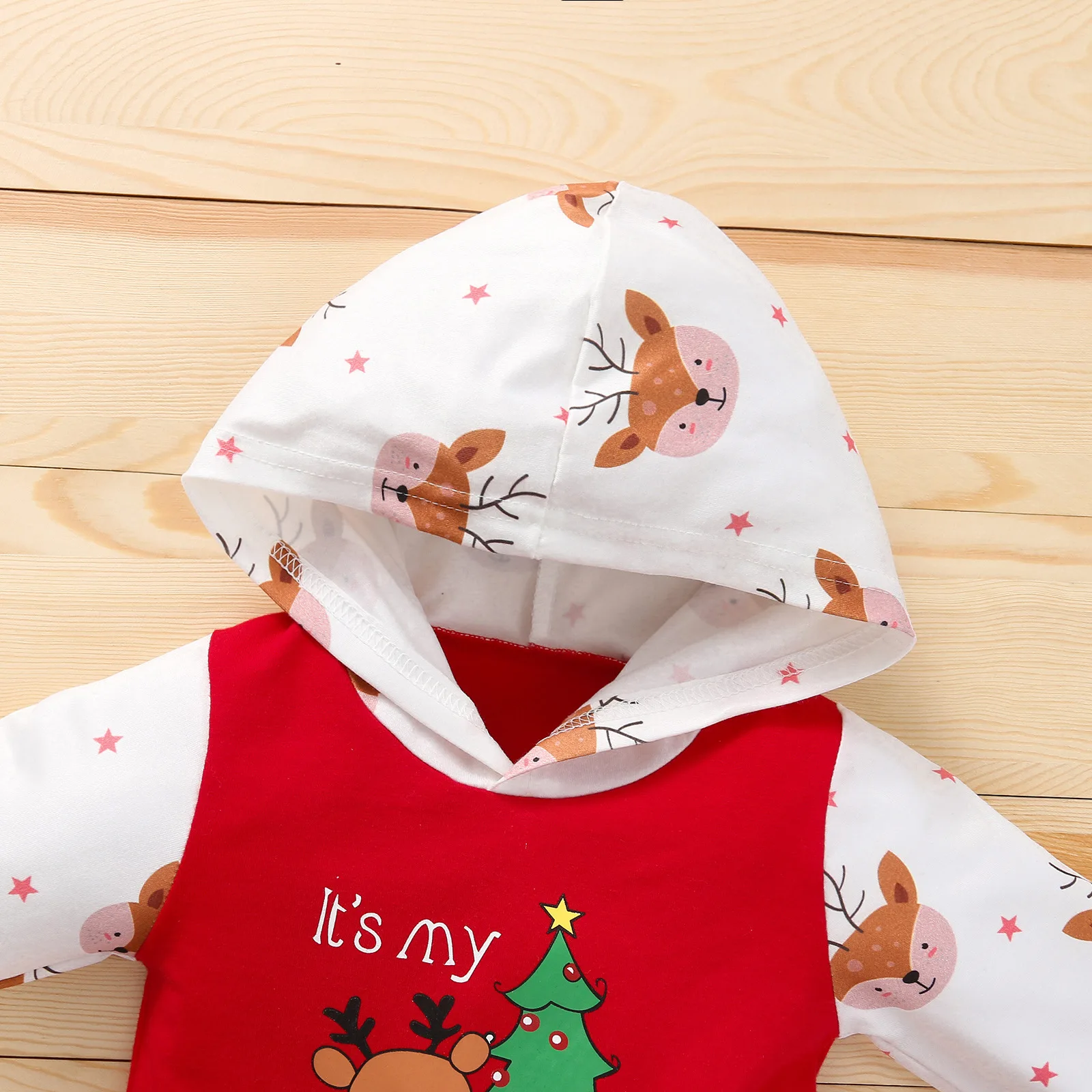 Autumn Baby Girl Deer Print Christmas Jumpsuit Long-Sleeved Front Patch Pocket Hooded Jumpsuit