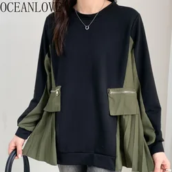 OCEANLOVE Hoodies Women Tops Contrast Color Zippers Vintage Folds Sweatshirts Japanese Style Loose Casual Sudaderas Mujer