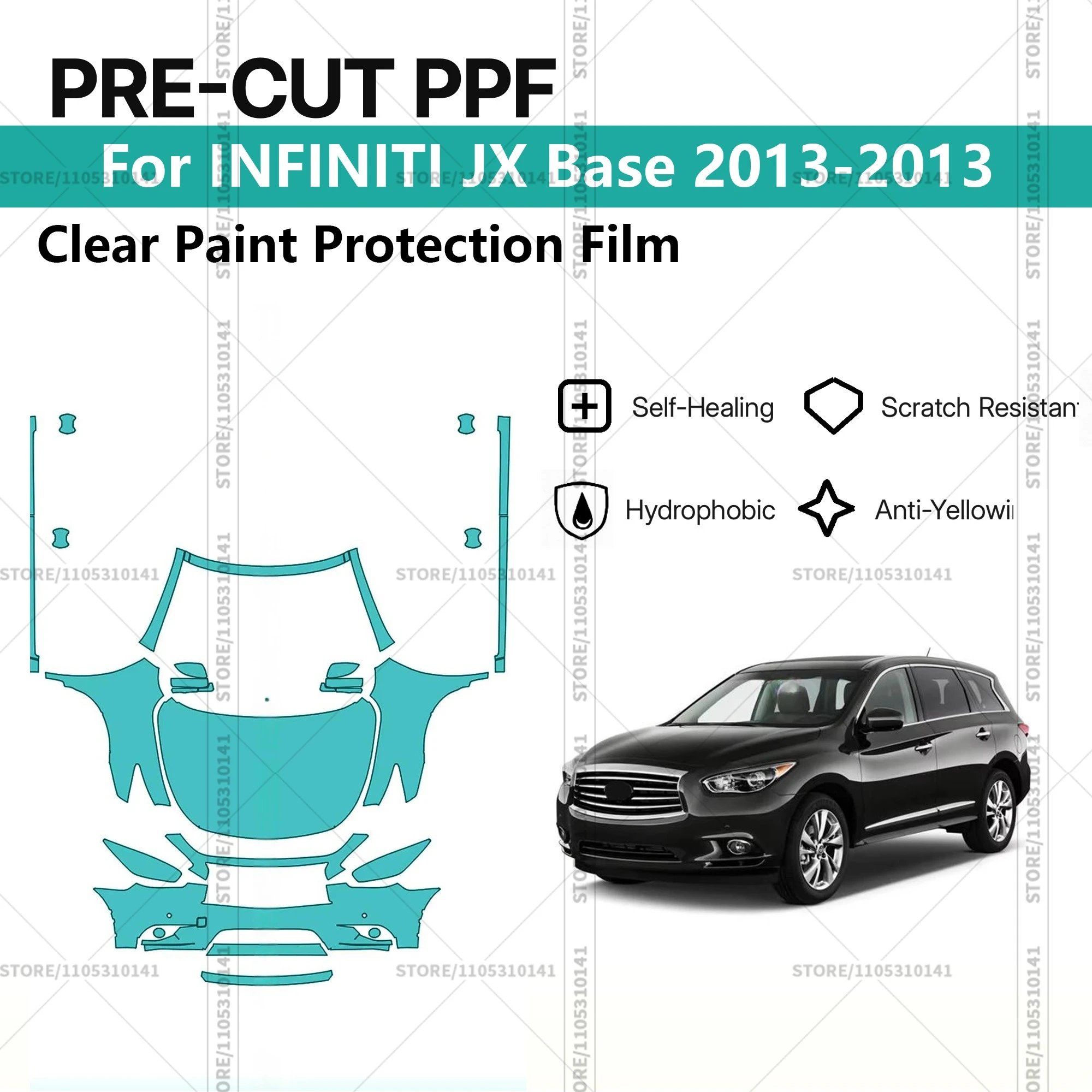 

Для INFINITI JX Base 2013-2013: Предварительно вырезанная прозрачная защитная пленка (PPF) для автомобиля, комплект для передней части и порогов.