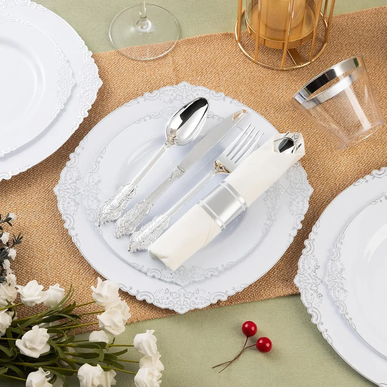 350PCS Silver   Plates for 50 Guests, Disposable Dinnerware Sets Include 100 Silver Rim   Plates,