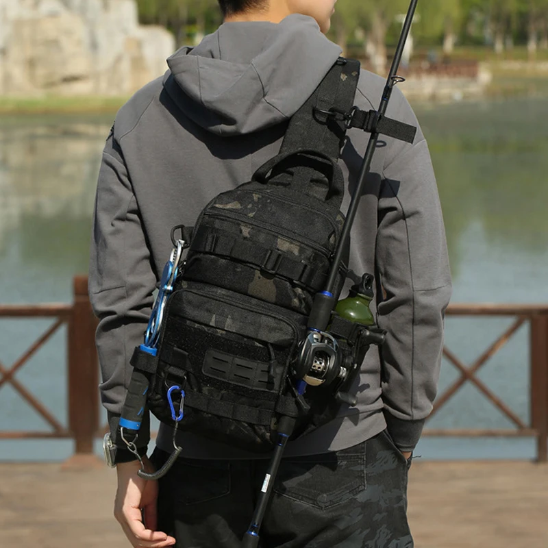 

Tactical Fishing Chest Bag with Rod Holder Outdoor Sports Tackle Hiking Climbing Crossbody Bags Portable Molle Lure Fanny Pack