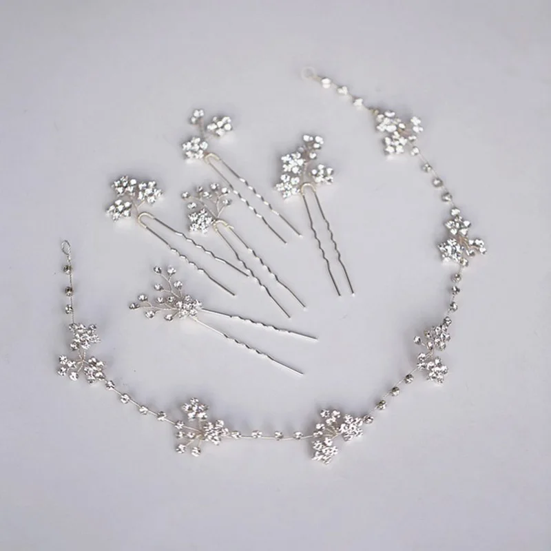 Bridal Hair Pins Headband Set Shine Rhinestone Floral Women Hair Vine Wedding Piece Accessories Gold Silver Color