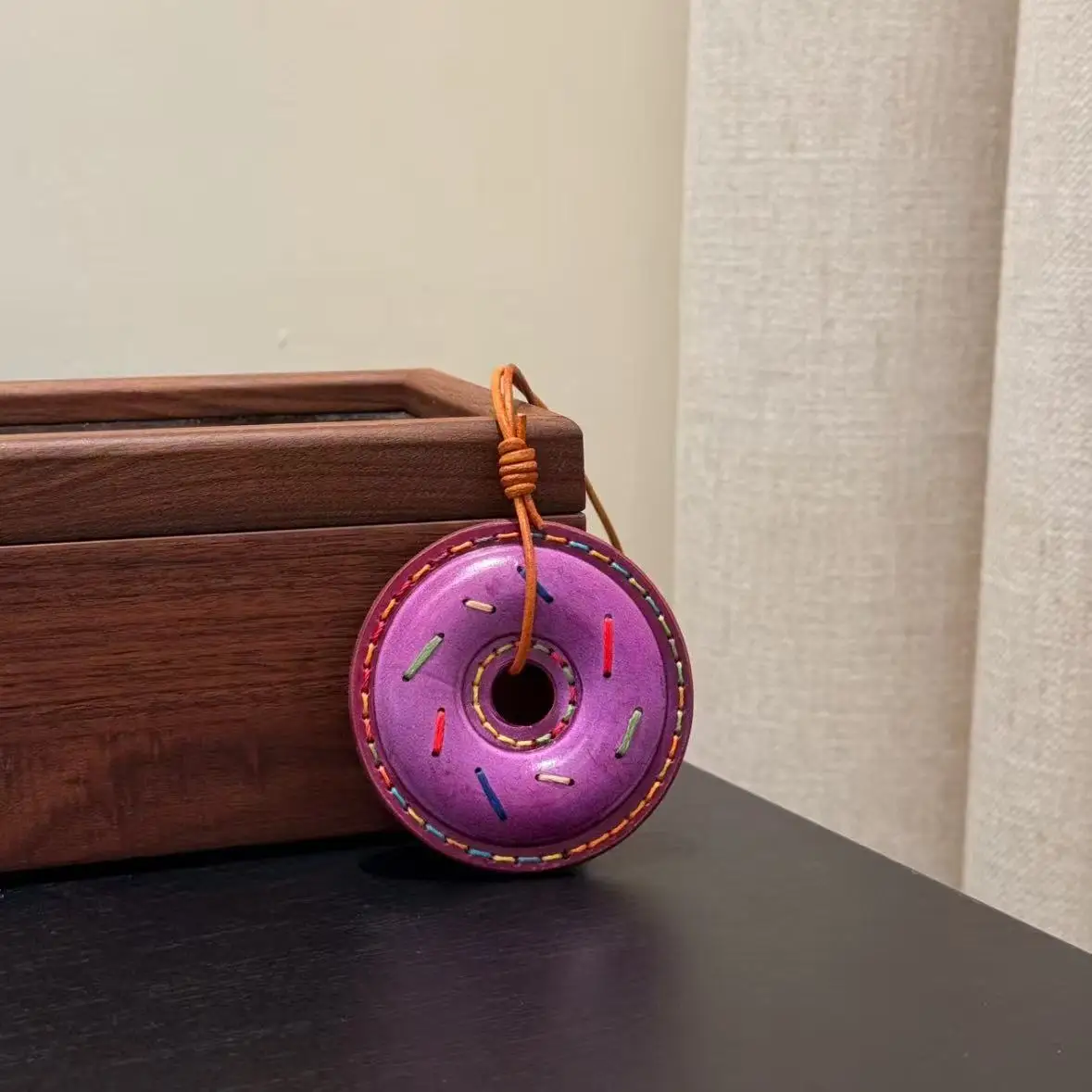 

Purple donut style genuine leather handmade bag charm keychain decoration keyring cute gift