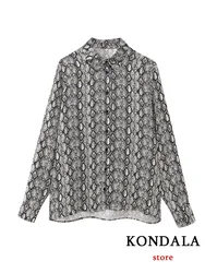 KONDALA Vintage Snake Print Women Blouse Turn-down Collar Single Breasted Loose Blouse Fashion 2023 Autumn Elegant Shirts