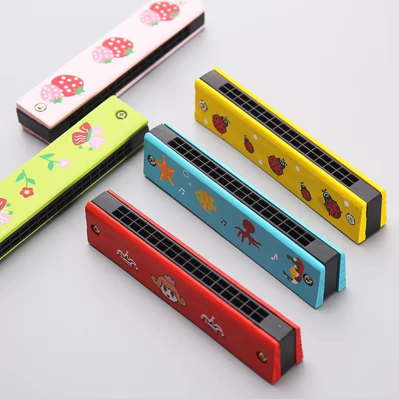 1-5 Stuks 16-Holes Houten Chromatische Harmonica Speelgoed Kinderen Beginners Mini Muziekinstrumenten Cartoon Geschilderde Harmonica Puzzel Speelgoed