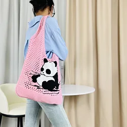 Panda Knitted Handbags Cute Summer Beach Bags Shoulder Casual Tote Female Student Shopping Woven Phone Bags For Women Girls