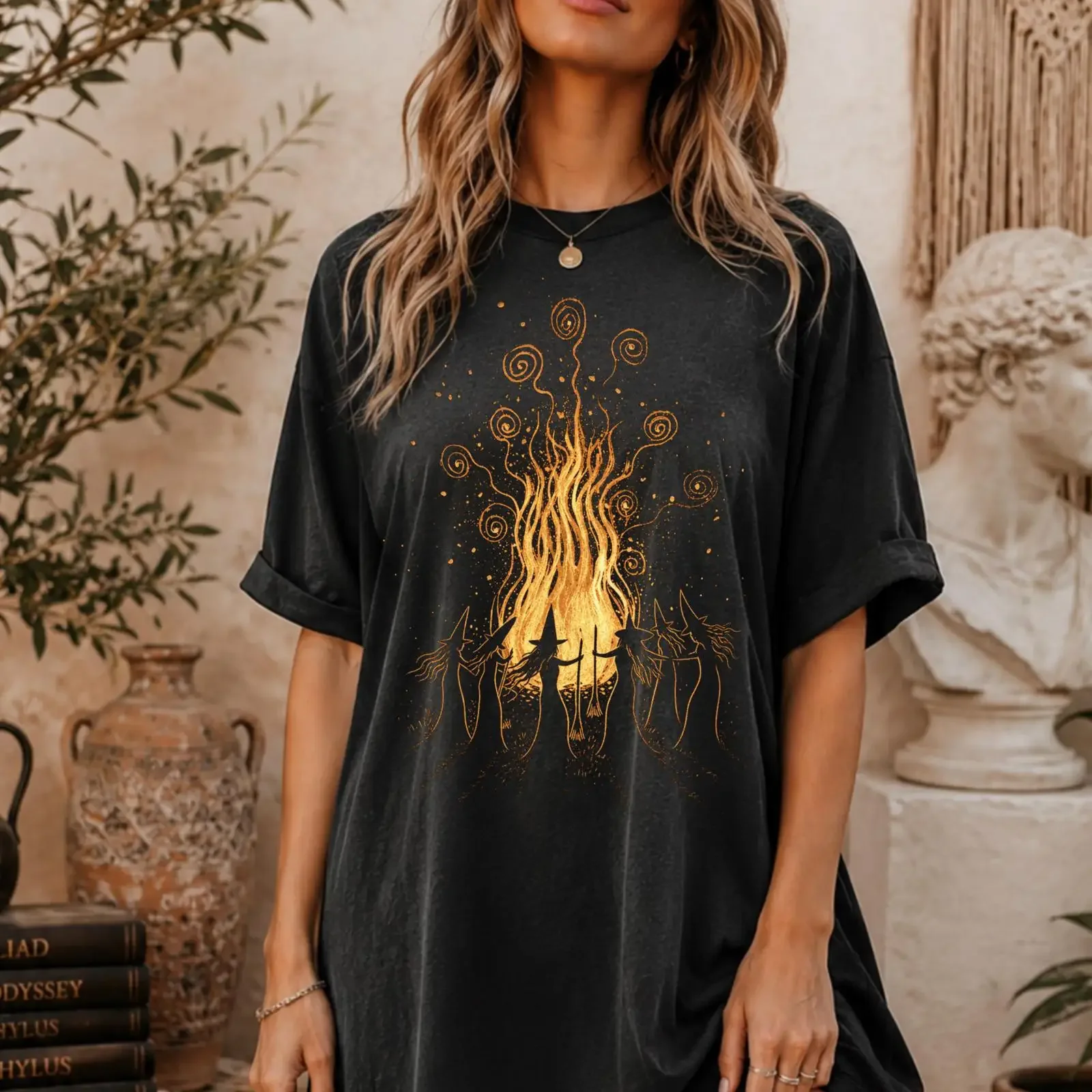 Vintage Witch Bonfire Samhain Pagan Wiccan T Shirt Halloween Folklore Witchcraft Oversized vintage Washed Top For Everyday Wear