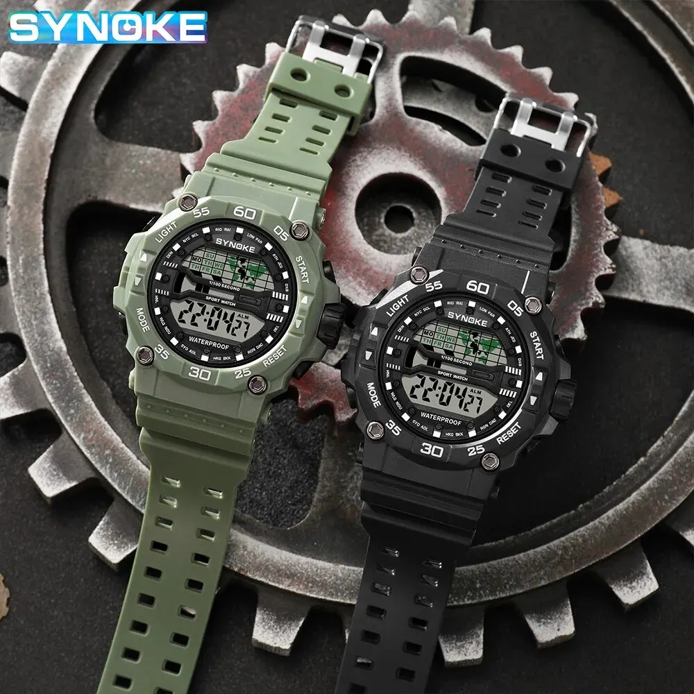 SYNOKE New Men Mountaineering Digital Watch Waterproof Shock Resist Large Screen Outdoor Running Student Fashion Watch Handsome