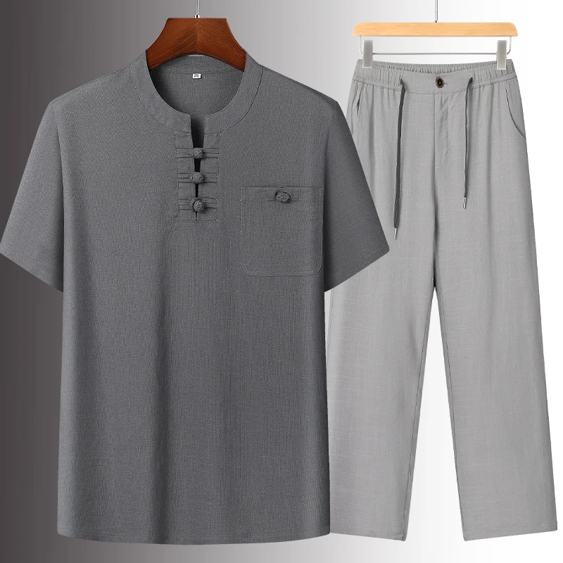 

New Arrival Men's Cotton Linen Chinese Traditional Clothing Kung Fu Uniform Short Sleeve Set Chinese Style Casual Outfit