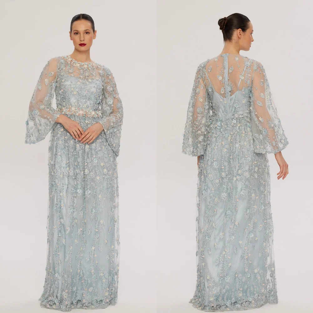 Robe longue en dentelle à paillettes et perles, robe froncée à fleurs, robe d'anniversaire A-ligne, robe à col haut, robes sur mesure pour les occasions