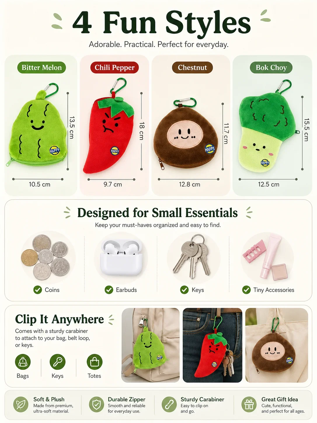 Novelty Vegetable Plush Pouch, Chili Bitter Melon Design Full PP Cotton, Portable Metal Clasp Girls Earbud Keychain