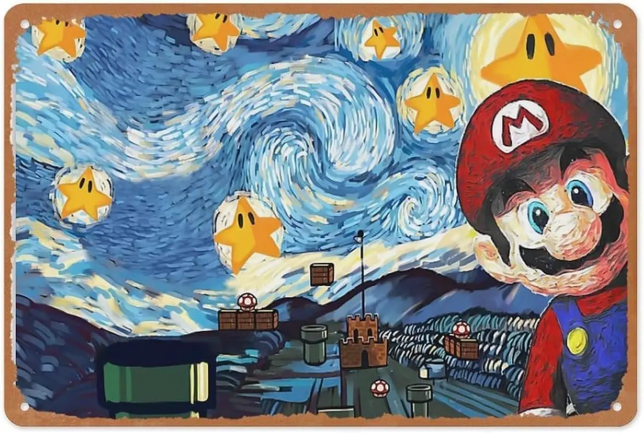 Funny Metal Sign - Mario Super Starry Night - 8x12 Inch Wall Art for Home Bar Decor sign