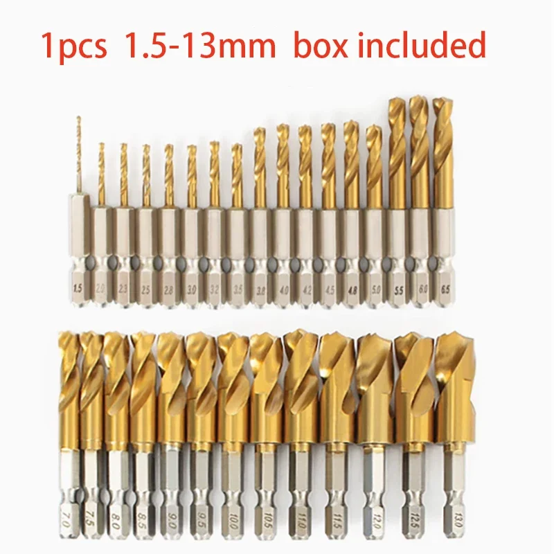 1Pcs 1.5mm-13mm HSS High Speed Steel Titanium Coated Drill Bit Set 1/4 Hex Shank Hexagonal Handle Twist Drill Wear-resistant