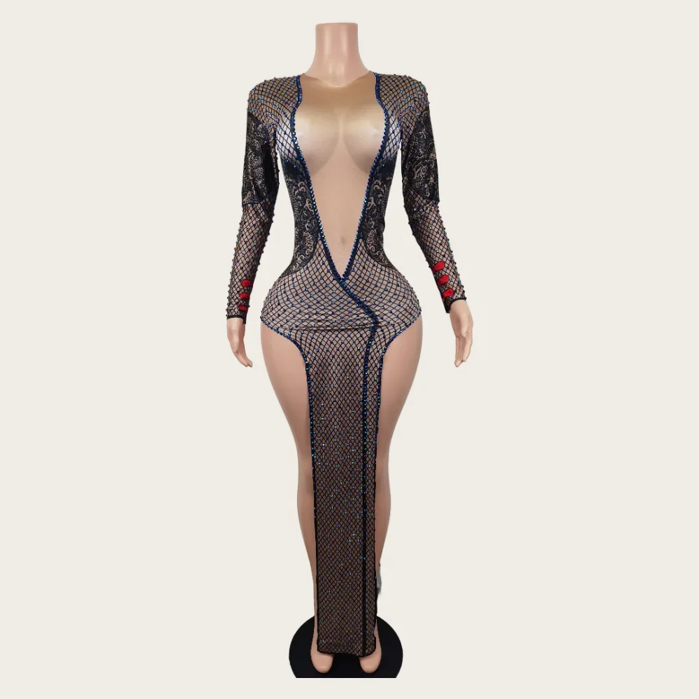 New Rhinestones Sexy Dress Women Print Long Sleeve Split Cheongsam Party Prom Gowns Fashion Mesh Drag Queen Stage Show Costumes