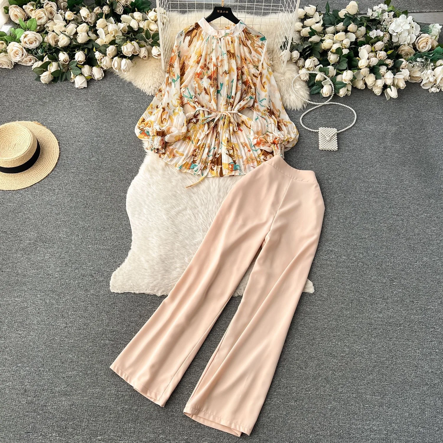 

Lantern Sleeve Chic Blouse+Wide Leg Pant Two Piece Set Floral Print Shirts + Solid Casual Trouser Fashion Elegant Women Outfit