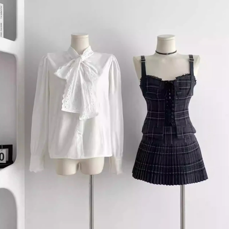 

Japanese Vintage Sweet Preppy Style 3 Piece Set Women Lovely Bow Shirt + Chic Vest + Pleat Skirt Harajuku Casual Fashion Outfits