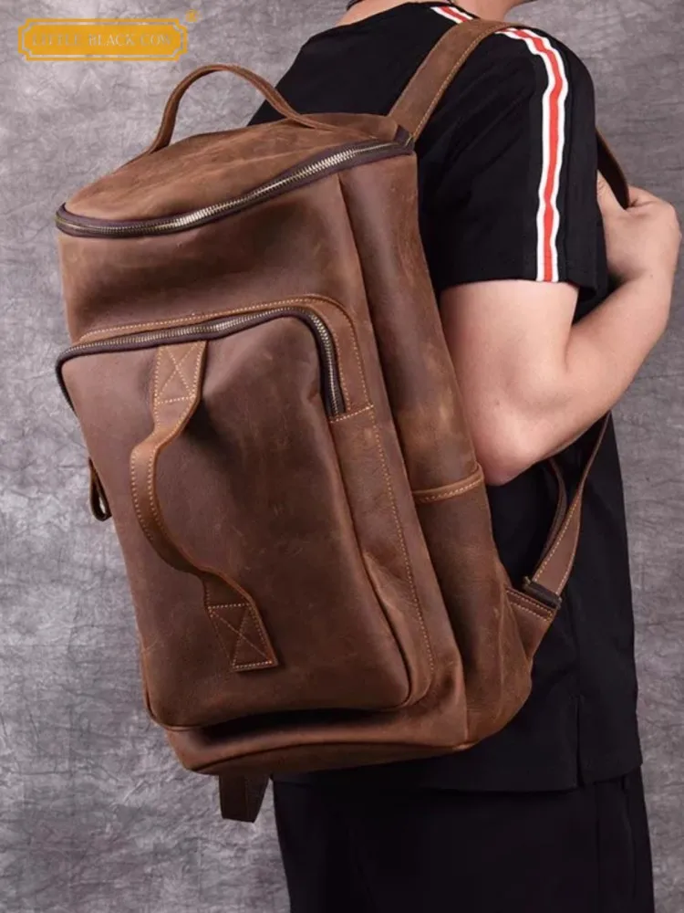 Handmade Mens Large Capacity Travel Bag Vintage Cowhide Genuine Leather Backpack Handbag Casual Totes Outside Hiking Backpack