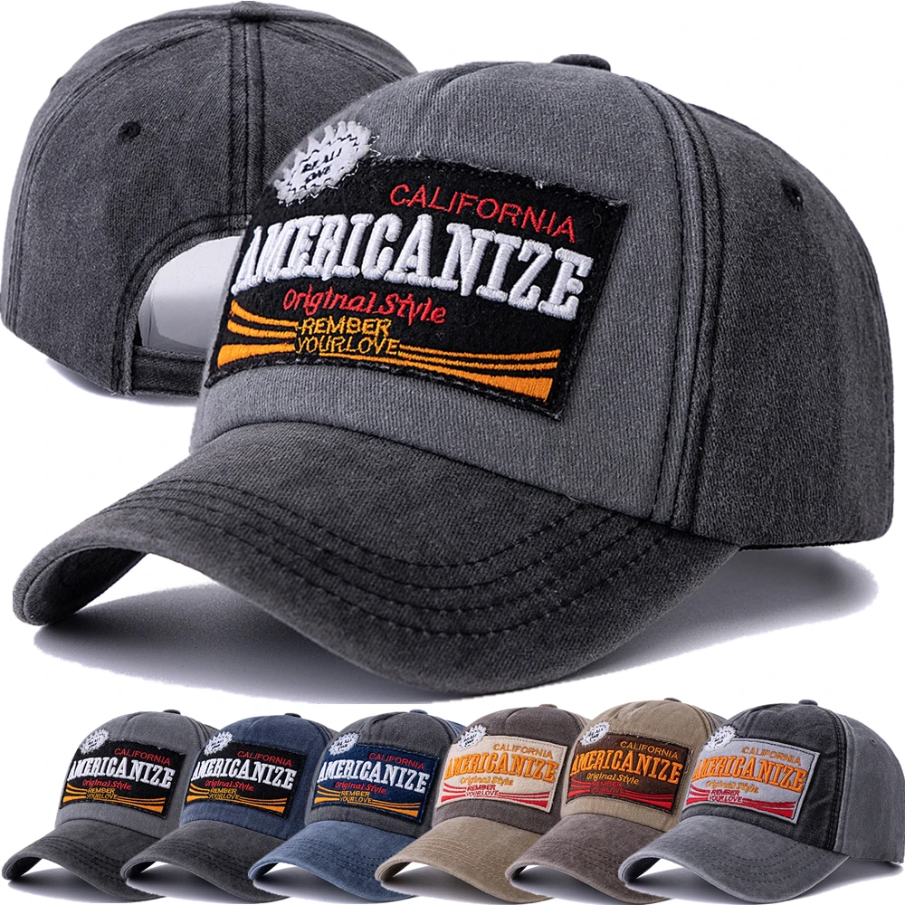 Unisex-Baseballmütze aus gewaschener Baumwolle im Vintage-Stil, Americanize-Buchstaben-Stickerei, Papa-Mütze, Outdoor-Sportmütze für Männer und Frauen