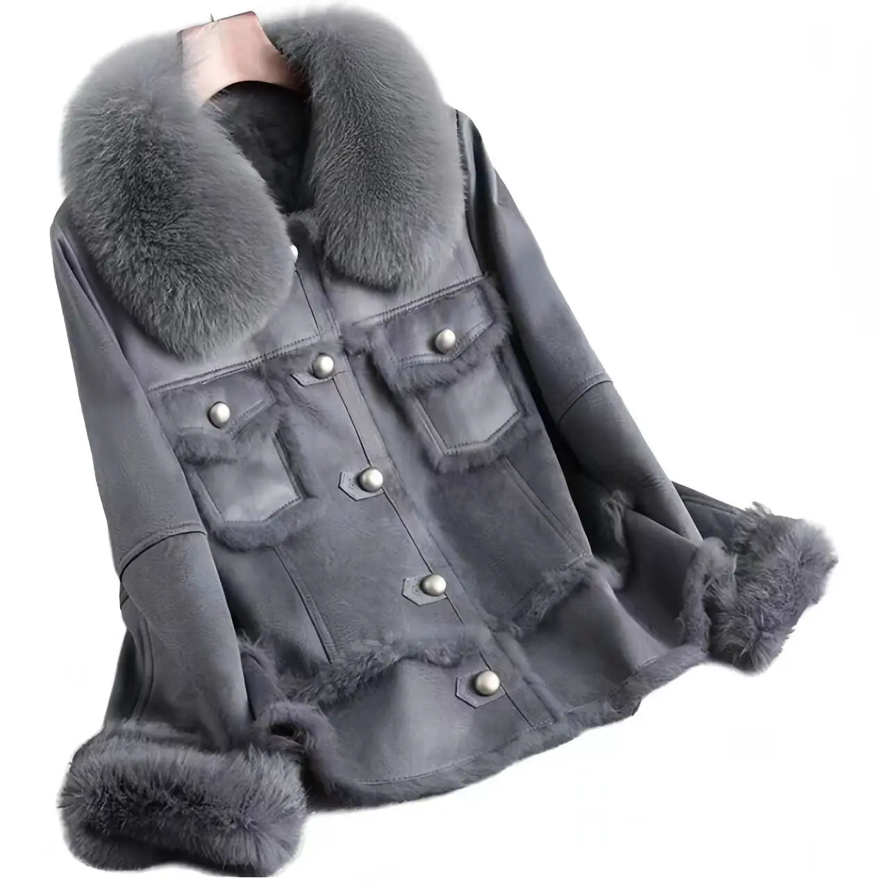 Manteau de fourrure de lapin véritable pour femmes, veste à col en fourrure de renard, pardessus à simple boutonnage, vêtements pour femmes, de haute qualité, hiver