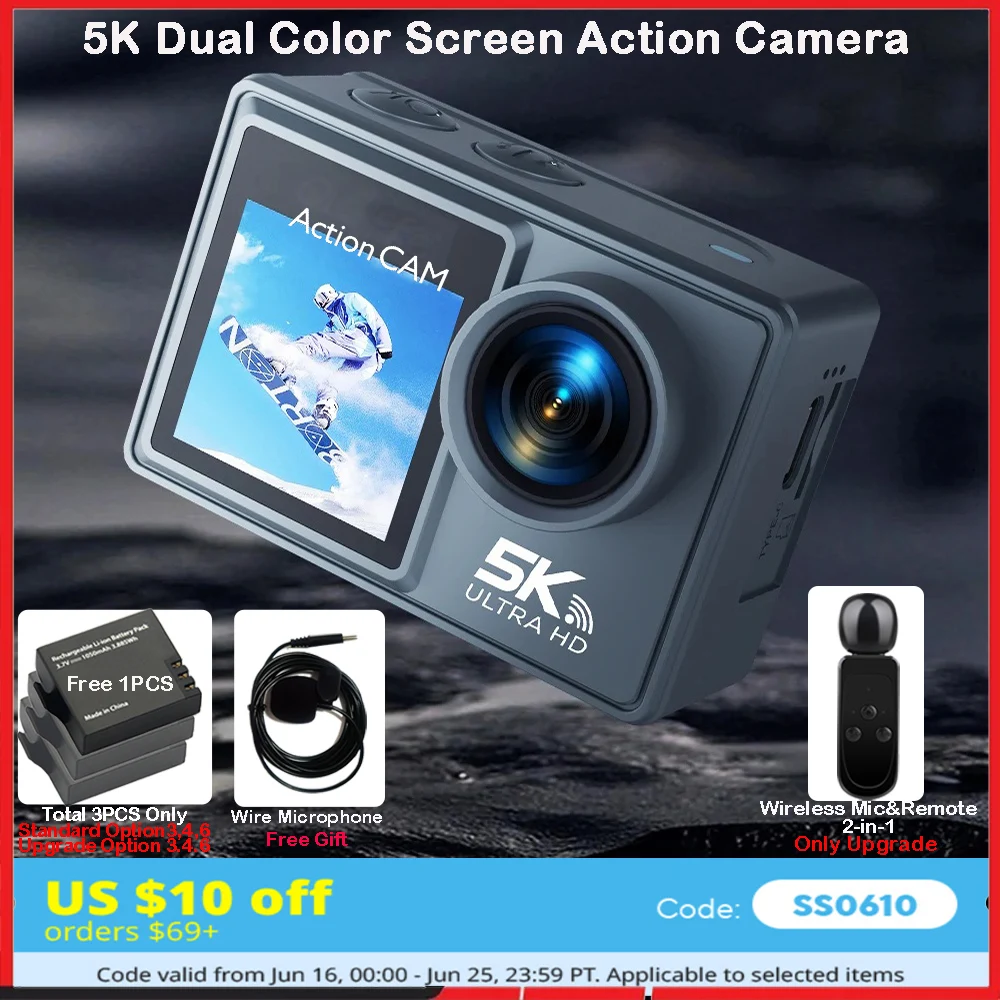

Action Camera 5K 4K60FPS Dual IPS Touch LCD EIS 170° 30M Waterproof 5X Zoom Sport Camera Optional Wireless Mic & Remote Control